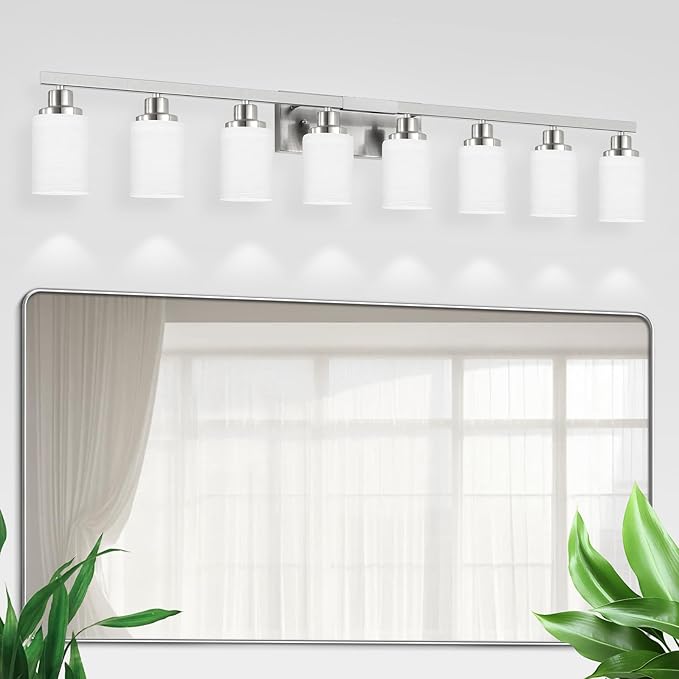 8-Light Bathroom Light Fixtures, 52inch Nickel Vanity Light with Milky White Glass Shade, Modern Bathroom Wall Lights Over Mirror, Farmhouse Wall Sconces Lighting for Bedroom Living Room