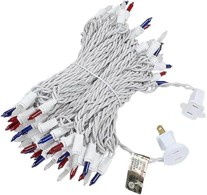 Novelty Lights 50 Feet 100 Bulb Incandescent Mini Light String, Red/White/Blue with 6-Inch Spacing on White Wire, UL Listed Commercial Grade Indoor/Outdoor Mini Lights, Connectable End-to-End