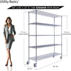 60"x18"x72" Chrome 5-Tier PREMIUM Wire Shelving NSF 4000 LBS MAX CAPACITY Heavy Duty Steel Storage Rack for Warehouses, Garages, Hospitals, Commercial Spaces, & Schools w/PREMIUM WHEELS