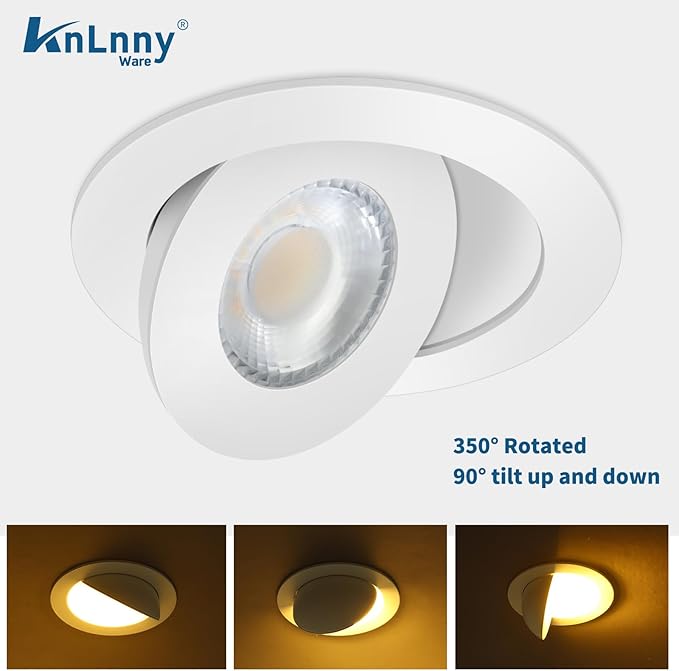 Gimbal Recessed Lighting 4 Inch 6 Pack, Ajustable Eyeball recessed Light with Junction Box,5 Color Selectable,Airtight,9W 750LM,Dimmable,White