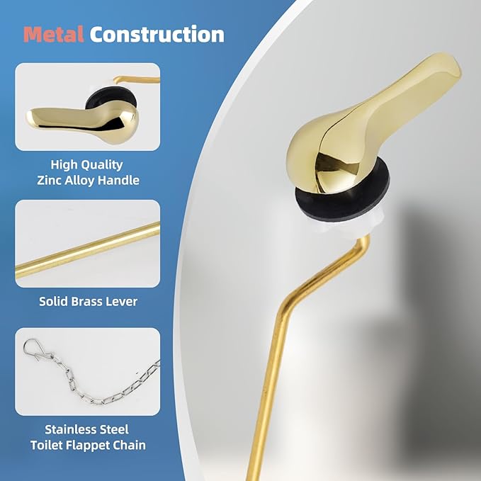 iFealClear Universal Metal Toilet Tank Flush Lever Replacement, Side Mount Toilet Handle Replacement Kit, Stainless Steel Chain, Solid Brass Material, Polished Gold