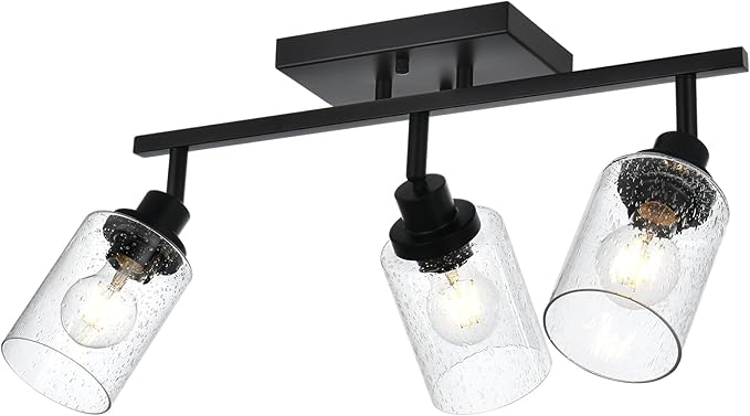 3-Light Track Lighting Fixtures Ceiling Spot Light, Black Flush Mount Wall Bathroom Vanity Light with Seeded Glass Shade for Dining Room Hallway Porch