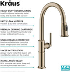 KRAUS Allyn Traditional Industrial Pull-Down Single Handle Kitchen Faucet in Brushed Gold, KPF- 4100BG