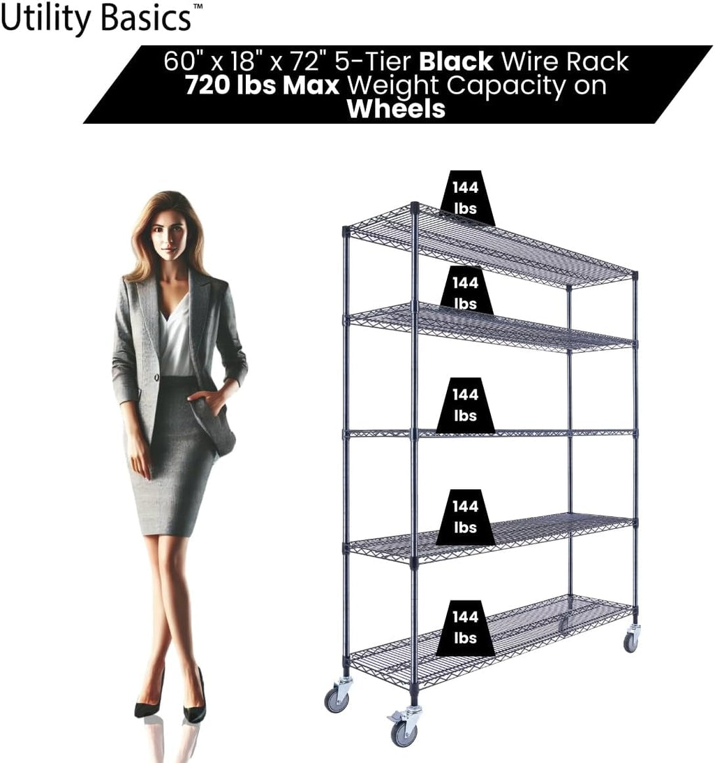 60"x18"x72" Black 5-Tier Premium Wire Shelving NSF 4000 LBS MAX Capacity Heavy Duty Steel Storage Rack for Warehouses, Garages, Hospitals, Commercial Spaces, & Schools w/Premium Wheels