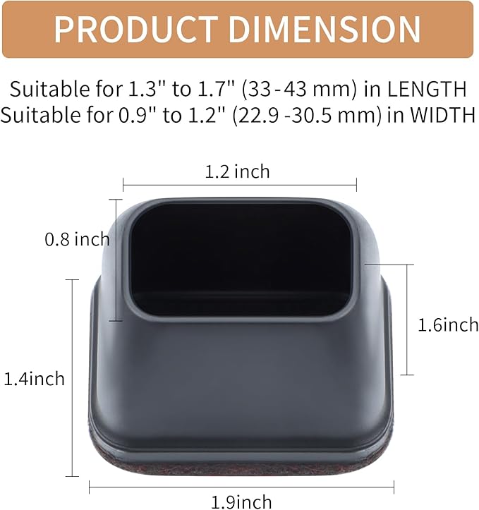 Ezprotekt 8 Pcs Rectangle Black Silicone Chair Leg Floor Protectors with Felt, Rectangle Chair Leg Caps, Furniture Leg Covers Cups for Chair Table Desk (Fit L :1.3-1.7", W: 0.9-1.2")