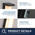 24W LED Outdoor Wall Lights 3 Color Exterior Wall Sconce Outside Light Fixtures Exterior Porch Wall Lighting with Double Shade, Modern Matte Black Wall Lamps for Patio Front Door Entryway, 1-Pack