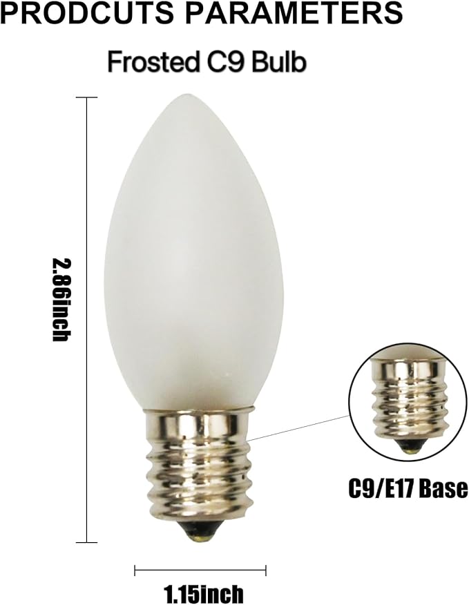 C9 Christmas Replacement Light Bulbs, White Christmas Bulb Frosted White Night Light for Indoor Outdoor Patio Xmas Halloween Party String Light, 7W Incandescent, C9/E17 Intermediate Base, 25 Pack