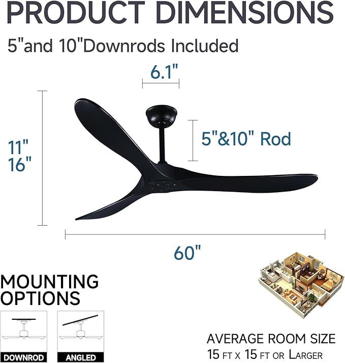 60" Black Ceiling Fan with Remote Control, Quiet Ceiling Fan without Lights for Indoor/Outdoor - Modern Design, Powerful Airflow, Silent Operation