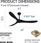 60" Black Ceiling Fan with Remote Control, Quiet Ceiling Fan without Lights for Indoor/Outdoor - Modern Design, Powerful Airflow, Silent Operation