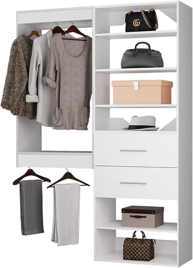 ROOMTEC Modular Closet System, 49" Wall Mounted Closet Organizer with Hanging Rods and Drawers, Wooden Tower for Walk-In Closets, Wardrobe Storage Kit, White