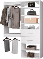 ROOMTEC Modular Closet System, 55" Wall Mounted Closet Organizer with Hanging Rods and Drawers, Wooden Tower for Walk-In Closets, Wardrobe Storage Kit, White