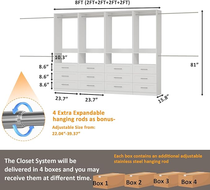 Closet System with 12Drawers, Modular Closet Organizer System with 8 Hanging Rod, Custom Closet Storage System for Small Walk-in Closet, 4 Sets,White (8FT)