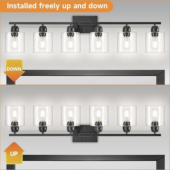 Modern 6 Light Bathroom Light Fixtures,38 inch Vanity Lights for Bathroom with Clear Glass, Black Vanity Light for Mirror Kitchen Living Room Hallway Cabinet Porch