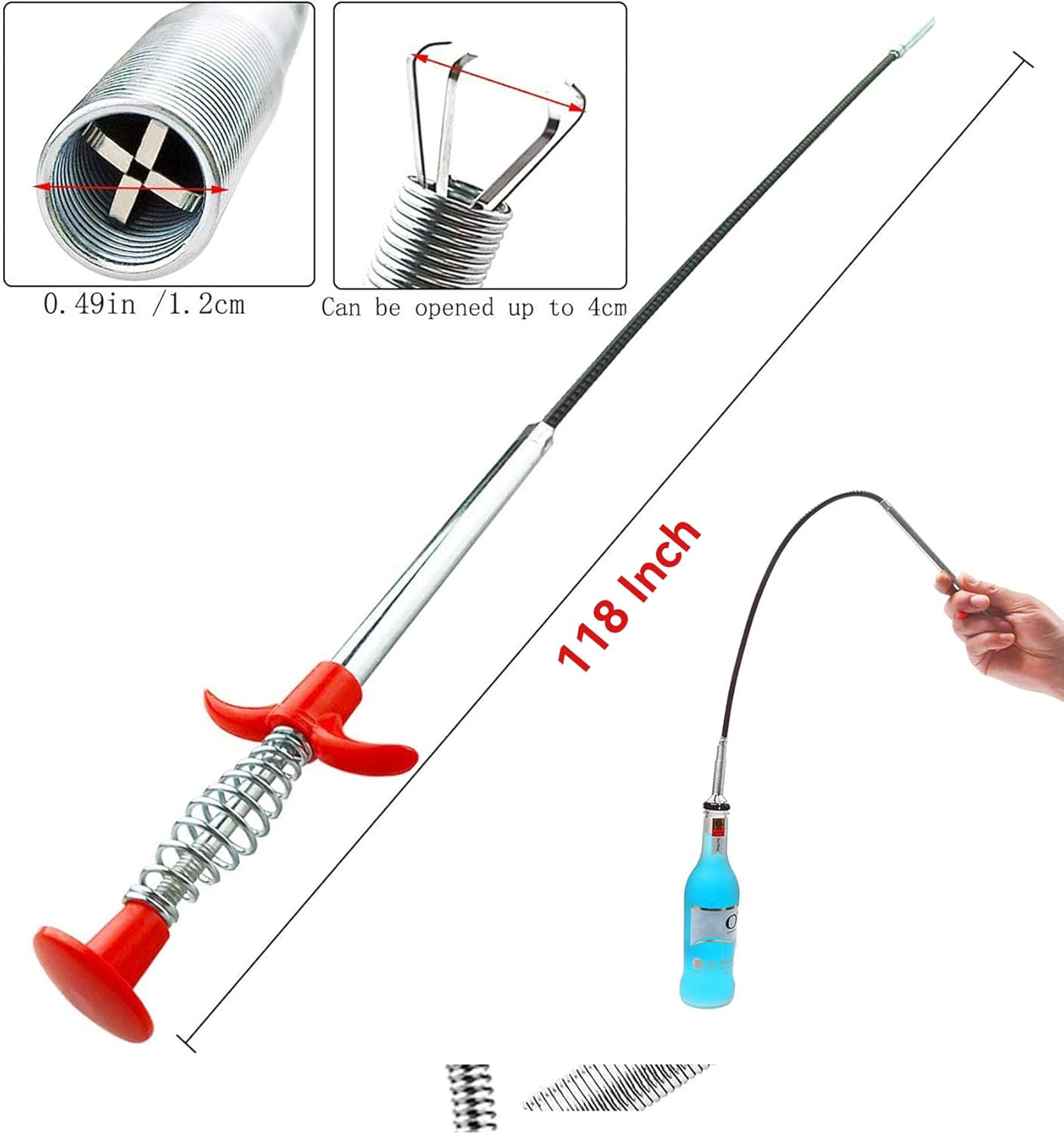 Drain Snake Hair Drain Clog Remover Tool with 4 Claws Bendable Hose - 118 Inch Flexible Grabber Claw Pick Up Reacher Tool for Clogged Drains Opener Cleaning