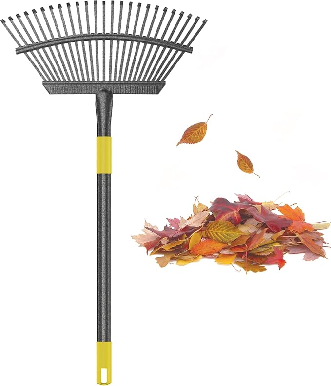Leaf Rake, 30-61 inch Garden Rakes for Leaves Heavy Duty Long Handle, 25 Tines 18" Wide Metal Thatch Lawn Gravel Shrub Yard Landscape Rake for Leaves and Grass