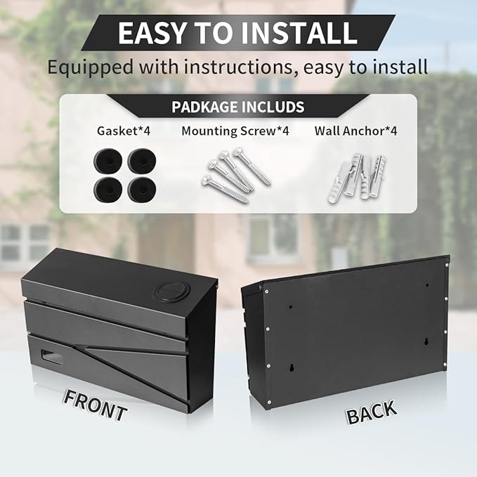 Wall Mount Mailbox, Large Capacity Mailbox for House, Visibility Galvanized Steel Rust-Proof Metal Post Box Drop, Mailboxes for Outside, 15.74"×9.84"×4.33" Solar Lanterns Black