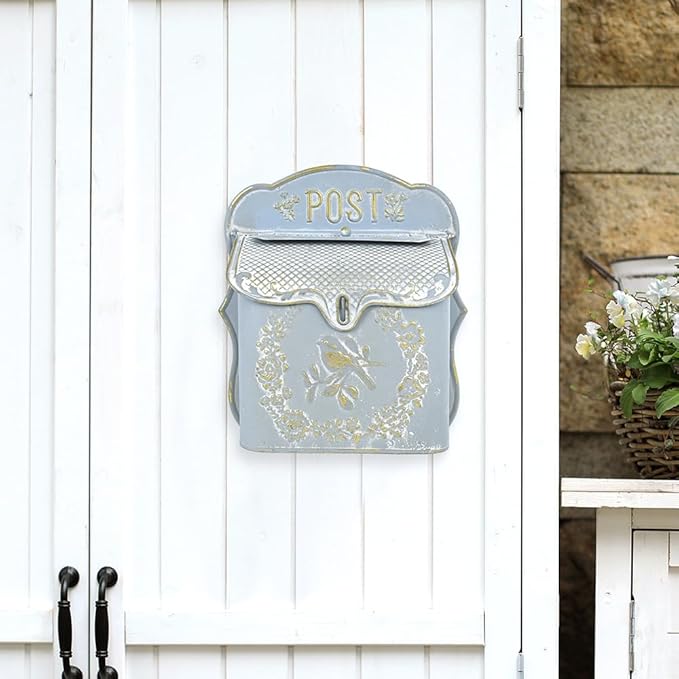 Mailbox Wall Mount Mailboxes for Outside Vintage Mail Boxes for House Outside Metal Drop Box Antique Style Nostalgic Charm Home Decorative, Bird Pattern, Blue