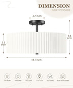Semi Flush Mount Ceiling Lights, 4-Light 18" Matte Black Ceiling Light Fixture with White Pleated Fabric Shade, Drum Lamp for Nursery Hallway Bedroom Kitchen, AD-25036-4SF-BK