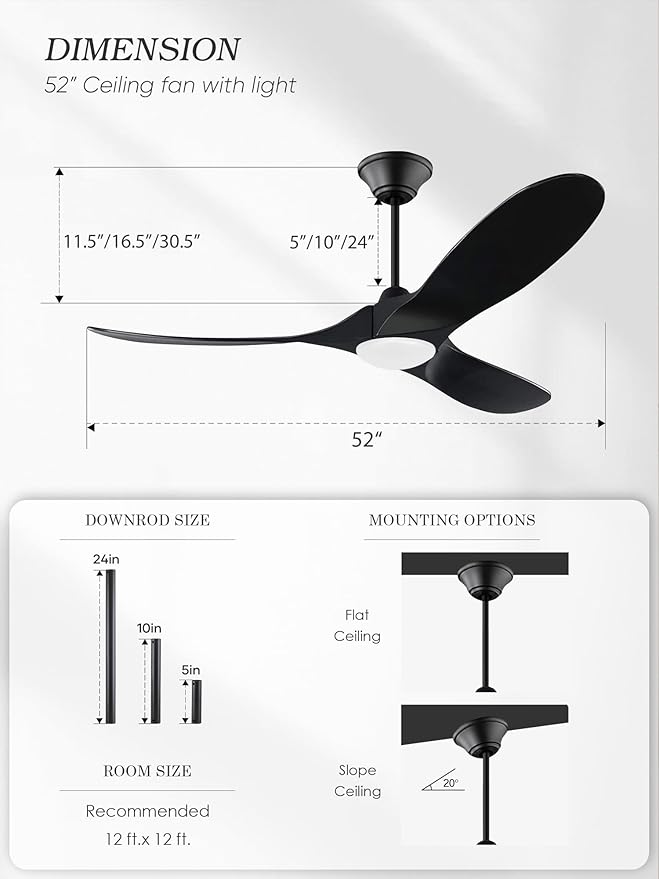 52 inch Black Ceiling Fan with Lights, Modern Propeller Ceiling Fan, Outdoor Black Solid Wood Ceiling Fans for Patio with Light, Reversible DC Motor High CFM for Porch, Exterior, Indoor