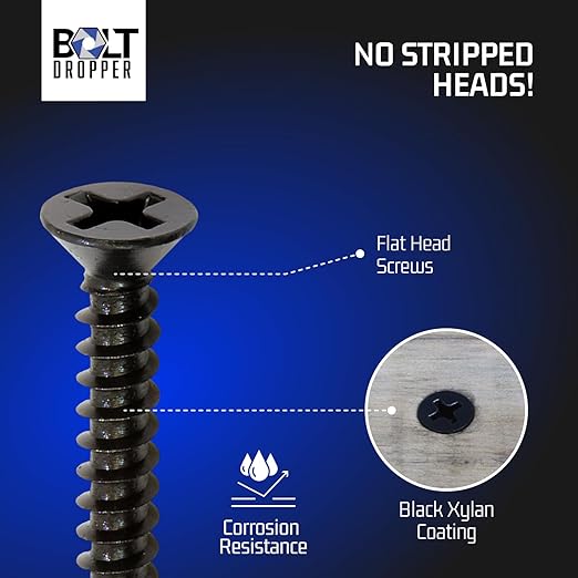Bolt Dropper #8 x 1-1/4-Inch Black Screws, Pack of 25 - Xylan Coated Stainless Steel Flat Head Phillips Wood Screws - Corrosion Resistant for Wood, Drywall Applications, and Outdoor Projects