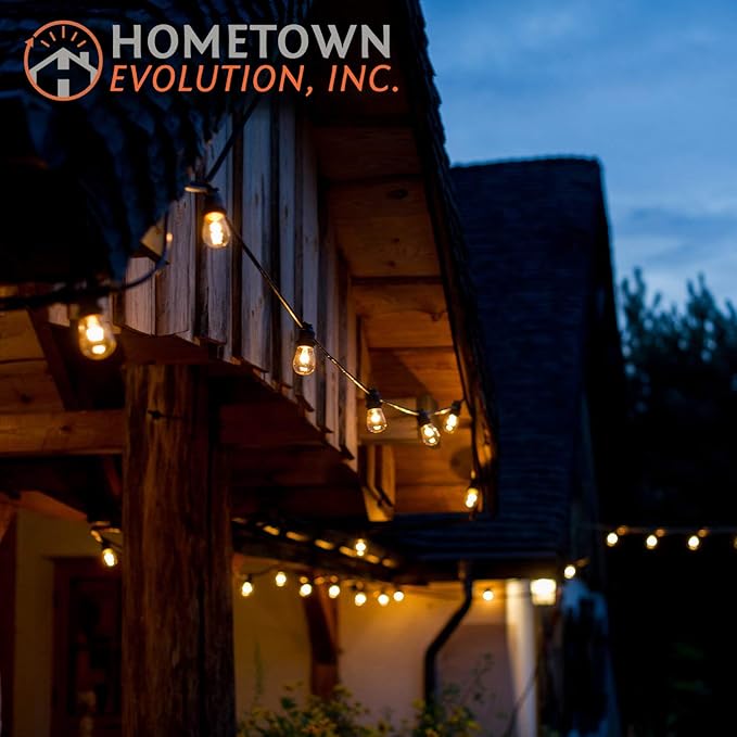 Hometown Evolution, Inc. 100' E26 Commercial Edison Bulb Outdoor String Lights (100 Foot 50 Socket, S14 Lantern Edison 11 Watt Light Bulbs)