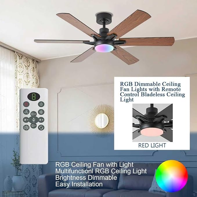52in Ceiling Fans with Lights RGB Ceiling Fan with Light and Remote/APP Control,Low Profile Ceiling Fans with Lights for Bedroom,Living Room,Kids Room,3CCT Dimmable Modern Ceiling Fan, 8 Speeds,Brown