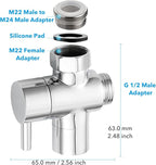 3 Way Shower Diverter - Solid Brass, Sink Valve Faucet Splitter for Kitchen or Bathroom, M22-M24, M22-G1/2 Adaptor, Silver