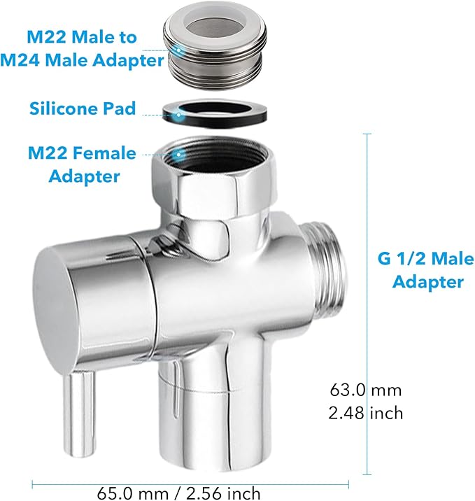 3 Way Shower Diverter - Solid Brass, Sink Valve Faucet Splitter for Kitchen or Bathroom, M22-M24, M22-G1/2 Adaptor, Silver
