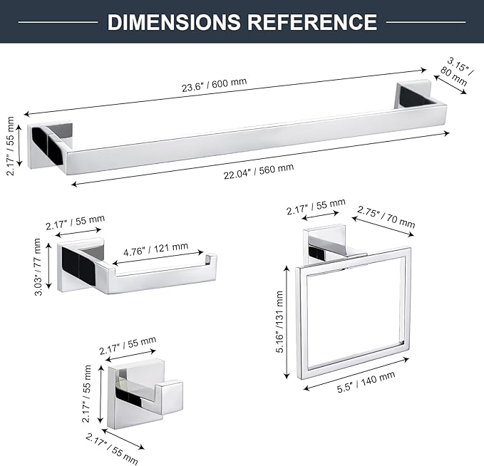 TQKAG 6-Piece Bathroom Towel Bar Sets Polished Chrome 23.6 inch Towel Bar Stainless Steel Towel Ring Coat Hook and Toilet Paper Holder Bathroom Hardware Set Wall Mounted Bathroom Accessories Kit