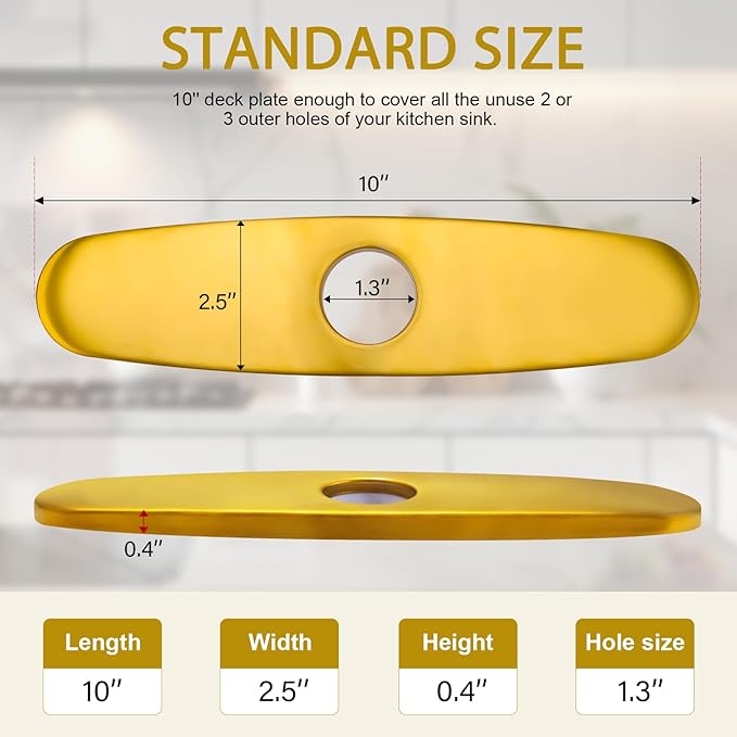 Faucet Deck Plate, Kitchen Sink Hole Cover, 10 Inch Inch Escutcheon Stainless Steel for 1 or 3 Hole Sink Faucets, Brushed Gold, Round