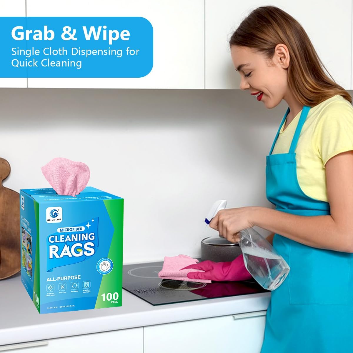 GLIMGLINT Microfiber Cleaning Cloth, 100 Pack Shop Towels, Lint-Free, Ultra Absorbent Reusable or Disposable Microfiber Cloths for Kitchen, Car, Cleaning Rags, 11" x 9", Red