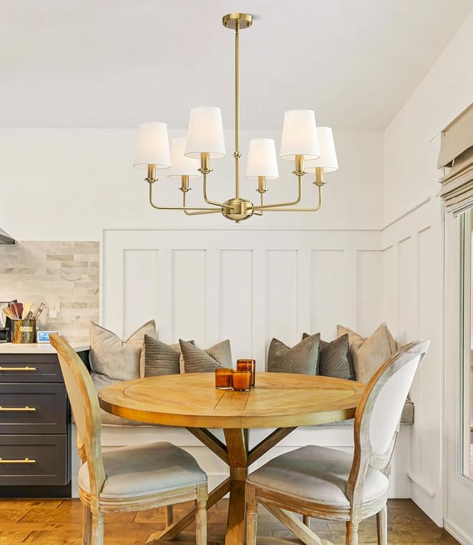 6-Light Brushed Gold Pendant Chandelier with White Linen Shades, E12 Base - Farmhouse & Industrial Style for Kitchen, Living Room, Dining Room, or Bedroom Lighting