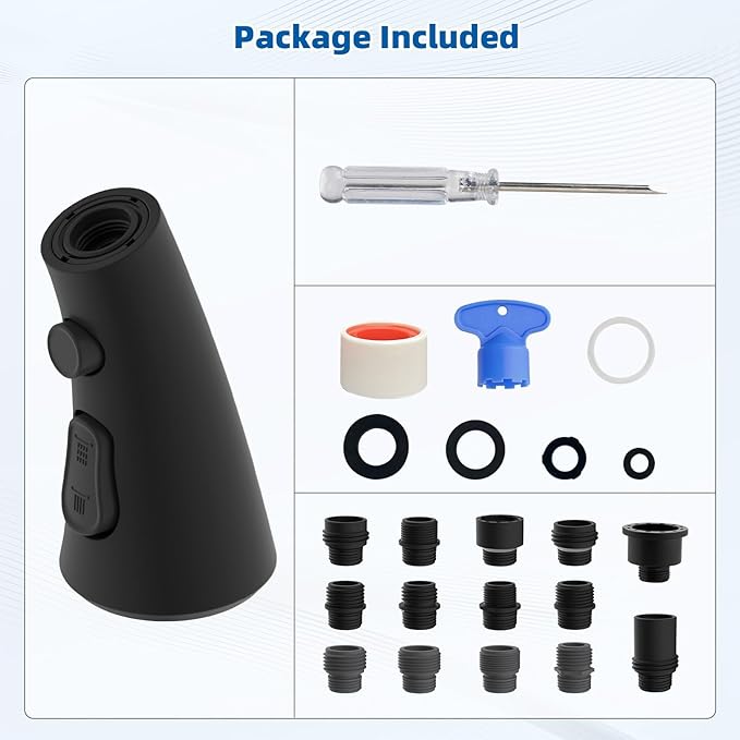 Hibbent Curved Pull Down Kitchen Faucet Head Replacement, 3-Function Kitchen Sink Spray Nozzle with 14 Adapters, Anti-Splash, Compatible with Kohler Bent Faucets, Matte Black