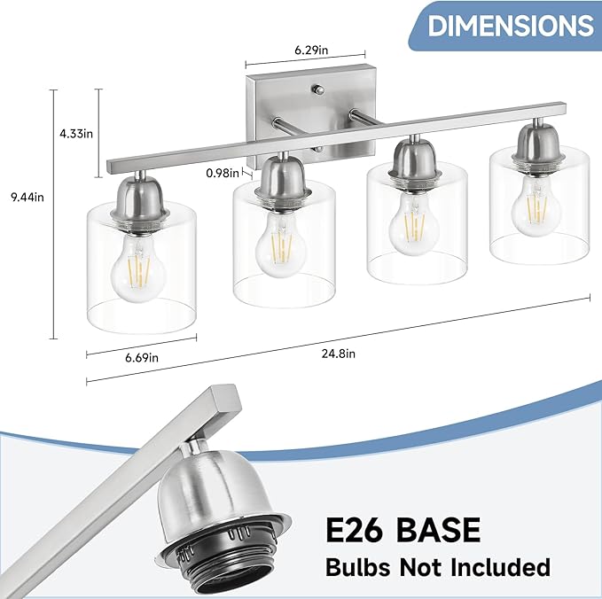 Modern Brushed Nickel 4 Light Bathroom Light Fixtures, 24 inch Vanity Lights for Bathroom with Clear Glass for Mirror Kitchen Living Room Hallway Cabinet Porch