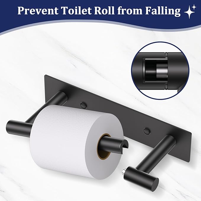 Matte Black Toilet Paper Holder, Adhesive or Screw Toilet Roll Holder Wall Mount, SUS304 Stainless Steel Double Post Pivoting Toilet Roll Holder for Bathroom, Kitchen, Washroom