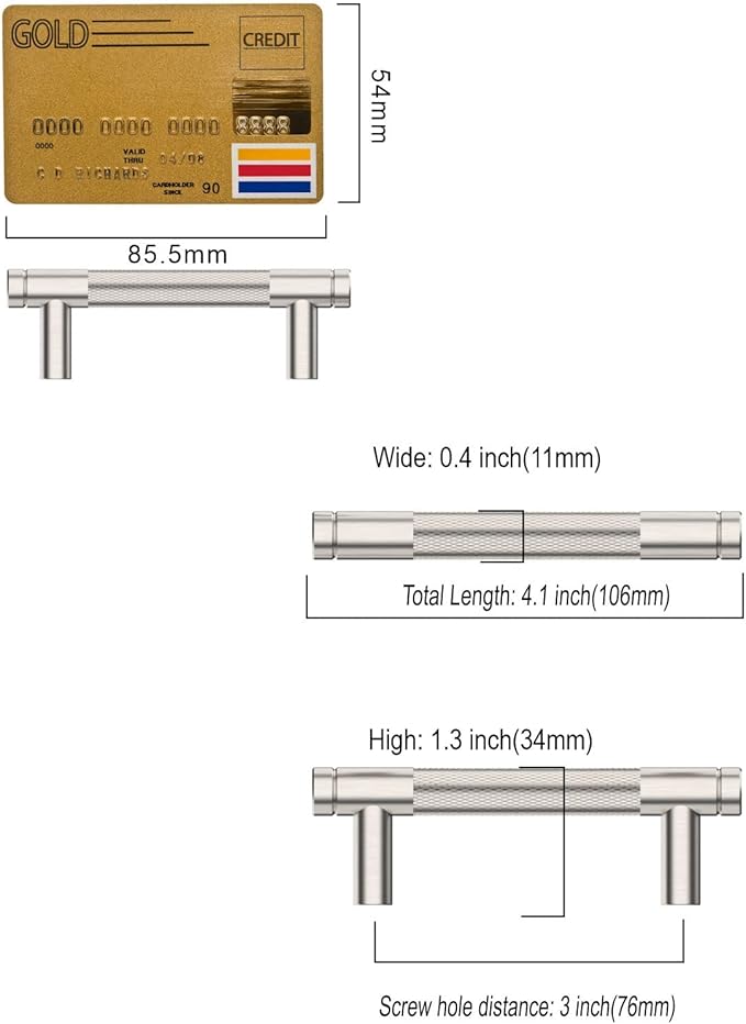 Amerdeco 10 Pack Brushed Satin Nickel Knurled Cabinet Pulls 3 Inch Center to Center Kitchen Cabinet Handles for Drawer Dresser, Cupboard and Wardrobe ZH0031