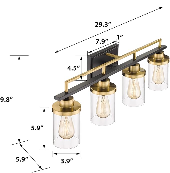 Emliviar Modern Bathroom Vanity Light - 4-Light Wall Lights for Bathroom, Black and Gold Finish with Clear Glass, YCE238B-4W BK+BG