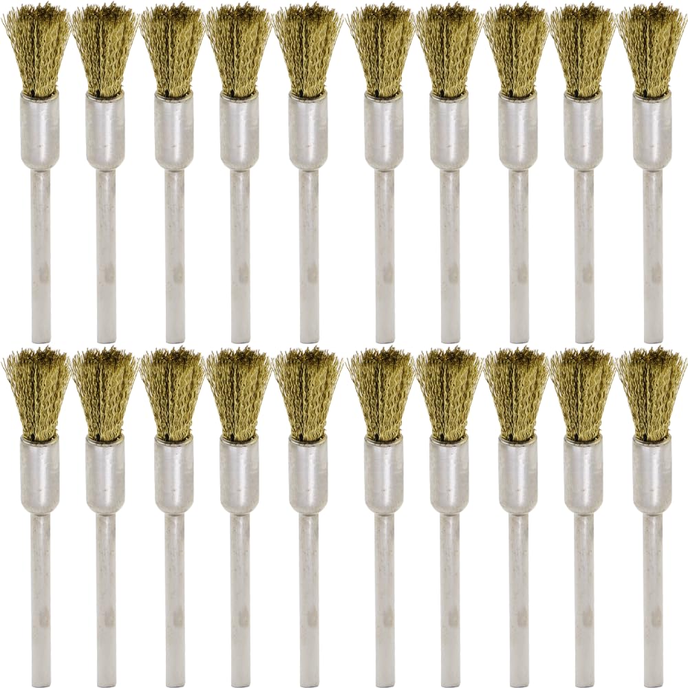 20PCS Brass Wire Brushes - Metal Rust Removal, Cleaning, and Polishing - 6mm Diameter, 1/8″ (3mm) Shaft - Removes Burrs, Dust, and Oxide Layer - Handles Rough Surfaces - Rotary Tool Accessories