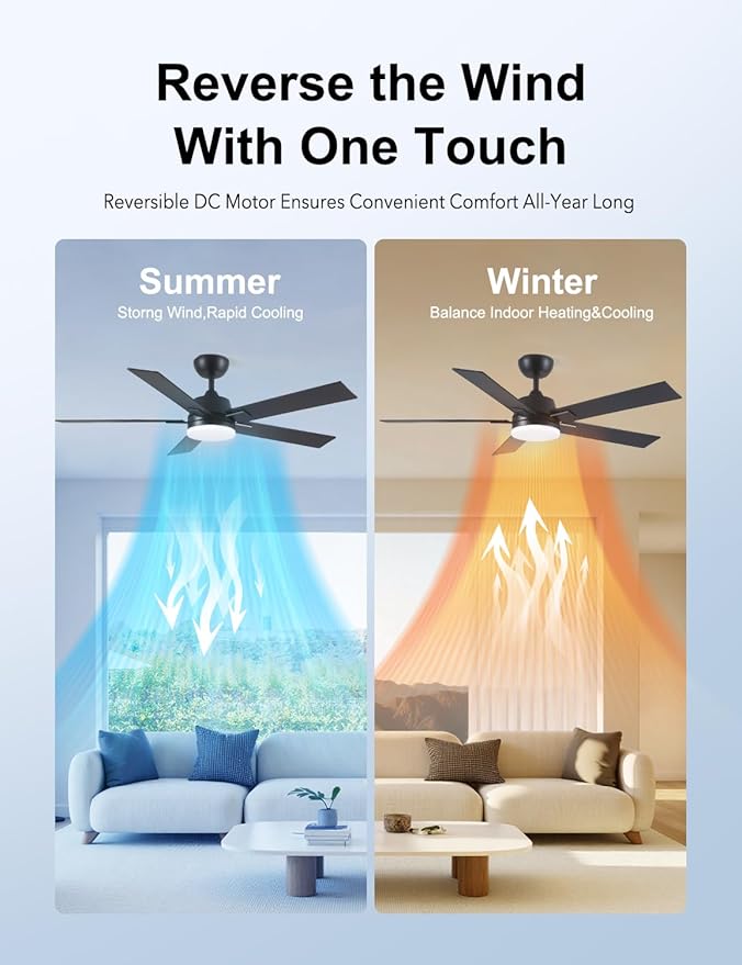 52 Inch Ceiling Fans with Lights and Remote, Black Ceiling Fan with 5 Blades, 6 Speed Reversible DC Motor, 3CCT Dimmable LED, Modern Design for Bedroom, Living room & Covered Outdoor,Includes Downrod
