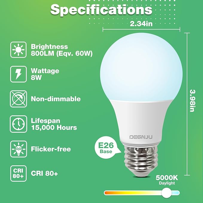 A19 Light Bulbs, 60 Watt Daylight, 5000K LED Bulb, Non-Dimmable, E26 Base, CRI 80+, 15000 Hours, 800Lumen Light Bulb for Bedroom Living Room, 12 Pack