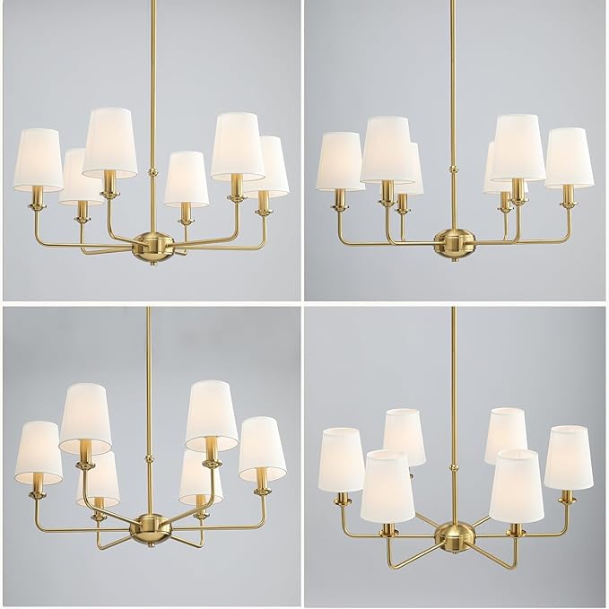 6-Light Brushed Gold Pendant Chandelier with White Linen Shades, E12 Base - Farmhouse & Industrial Style for Kitchen, Living Room, Dining Room, or Bedroom Lighting