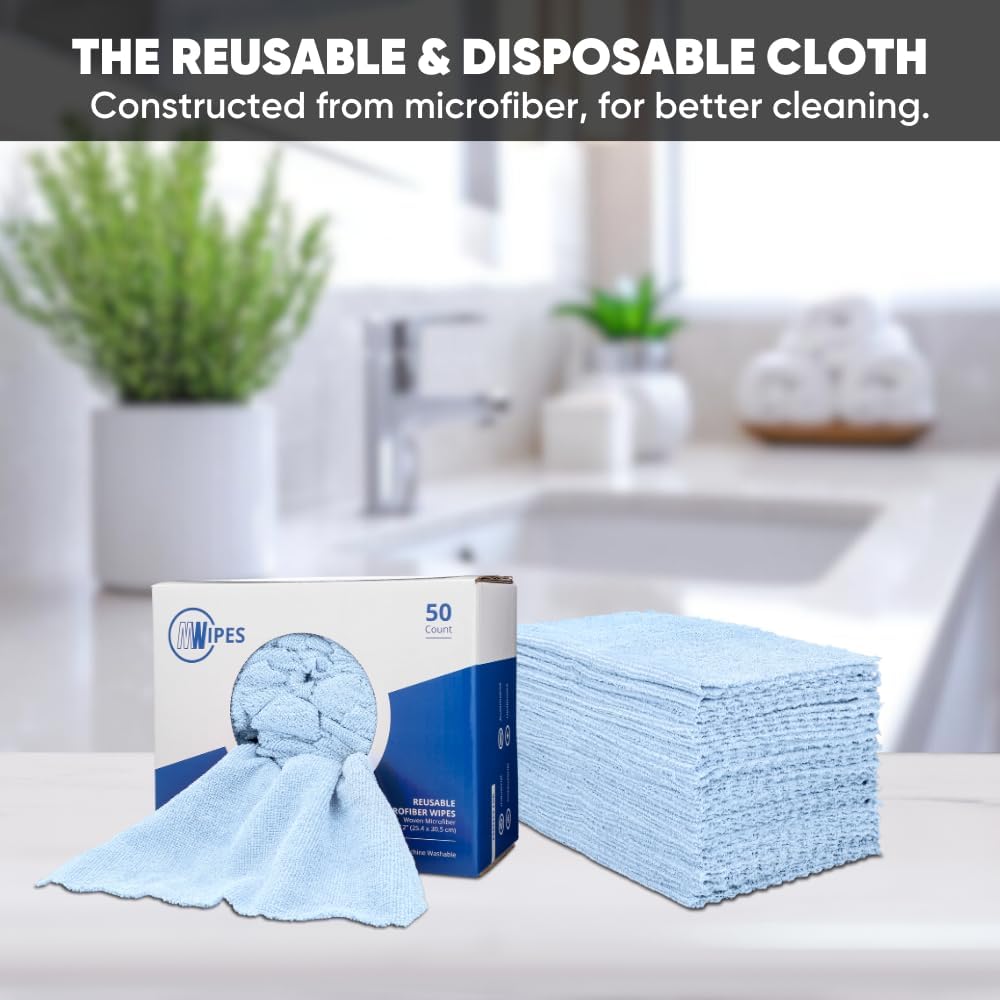 Blue Microfiber Shop Towels | MWipes Reusable Shop Rags | 50 Rags in a Box (400 Count) | Super Absorbent, Machine Washable Hundreds of Times | Automotive, Paint, Industrial, Detailing