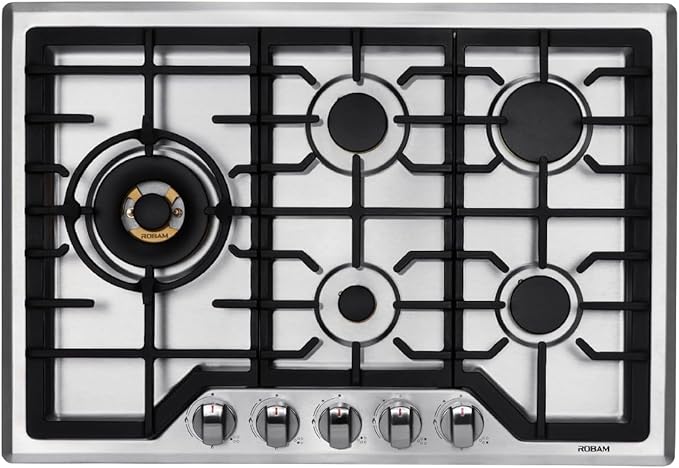 ROBAM G513 Gas Cooktop 30", Premium 5-Burner Design with 20,000 BTU Turbo Heat Wok Burner, Seamless Stainless Steel Finish, Brass Burners, Dual Fuel for Modern Kitchens