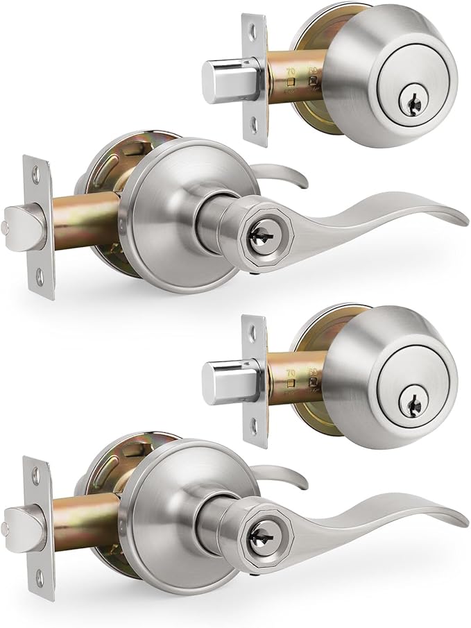 Gobrico Satin Nickel Keyed-Alike Door Levers and Single Cylinder Deadbolts Combination Sets Front Door Locksets, with Same Key, Locking Handle with Deadbolt Same Key, 2Pack