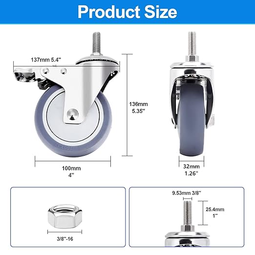 Stainless Steel Caster Wheels 4 inch, 3/8"-16x1 Threaded Stem Casters Set of 4 with Side Brake, Non-Marking Slient TPR Rubber Wheels for Furnitures,Restaurants,Labs,Hospital