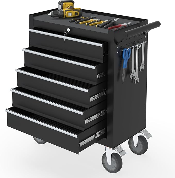 5-Drawers Rolling Tool Chest, Tool Chest with Wheels and Drawers, Rolling Box with Locking System, Tool Box with Wheels for Garage, Warehouse, Workshop (Black, 5 Drawers)