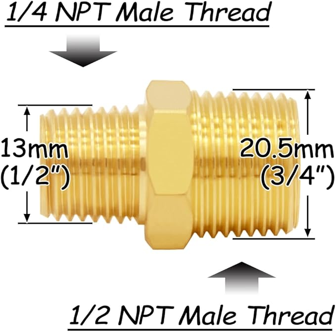 3PCS Brass Reducer Adapter, 1/4" NPT Male to 1/2" NPT Male Thread, Hex Reducing Pipe Fitting Coupler Nipple Connector for Water/Oil/Gas