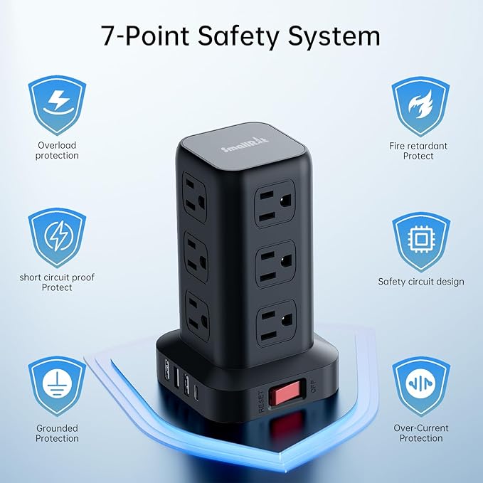 PD 20W USB C Surge Protector, Mini Power Strip Tower Travel 12 AC 4 USB Power Strip with USB Ports 10FT Overload Protection for Home Office
