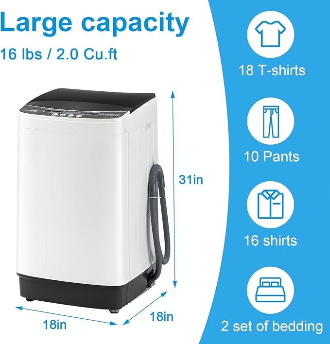 2.0 Cu.Ft Portable Washing Machine, Full-Automatic Electric Laundry Machine with 10 Programs, Compact Clothes Wash and Spin Combo with Stainless Steel Drum, Drain Hose for Apartment, Dorm,Home