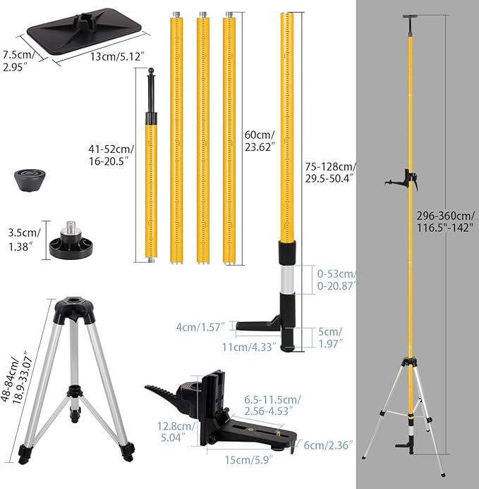 12 Ft./3.7M Professional Lasers Level Pole with Tripod, Adjustable Telescoping Pole for Leveling Tools, Multi-functional Fine-tuning Bracket with 1/4” and 5/8” Thread Adapters, Includes Carrying Bag